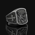 Load image into Gallery viewer, Archangel Michael Conquers Evil Silver Ring, Men's Cross Motif Band, Spiritual Christian Jewelry, Gift of Divine Protection Oxidized Finish