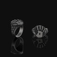Load image into Gallery viewer, Silver Skyrim Dark Brotherhood Ring, Thieves Guild Emblem, 'We Know' Inscription, Elder Scrolls Inspired Skulls Band