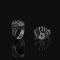 Load image into Gallery viewer, Silver Skyrim Dark Brotherhood Ring, Thieves Guild Emblem, 'We Know' Inscription, Elder Scrolls Inspired Skulls Band
