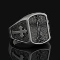 Bild in Galerie-Betrachter laden, Saint Michael Defeating Satan Silver Ring, Cross Pattern Band, Men's Religious Jewelry, Christian Gift of Protection