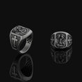 Load image into Gallery viewer, Holy Family Silver Ring, Jesus Mary Joseph, Men's Cross Pattern Band, Religious Christian Jewelry, Spiritual Gift Oxidized Finish