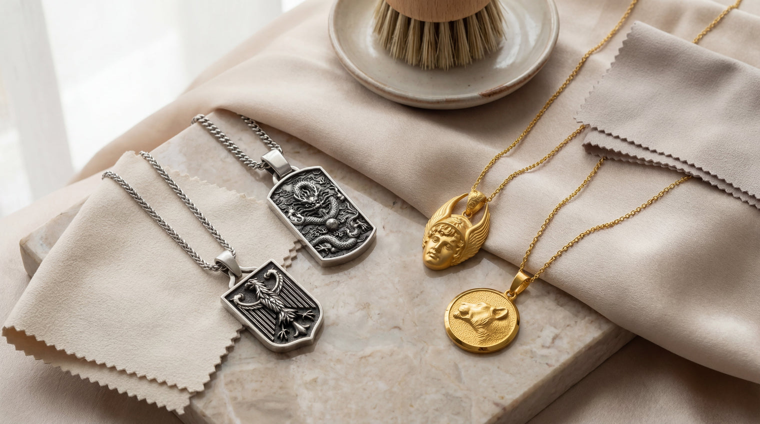 Jewelry care guide showing properly stored sterling silver and gold jewelry on a clean surface.