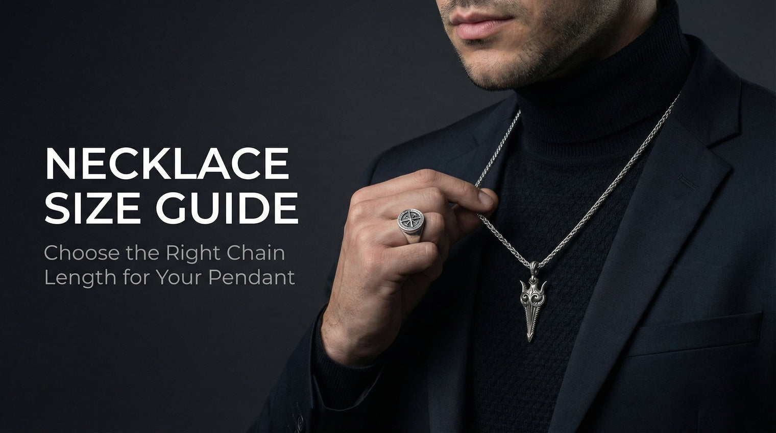 Man adjusting a necklace with text 'Necklace Size Guide' on a dark background