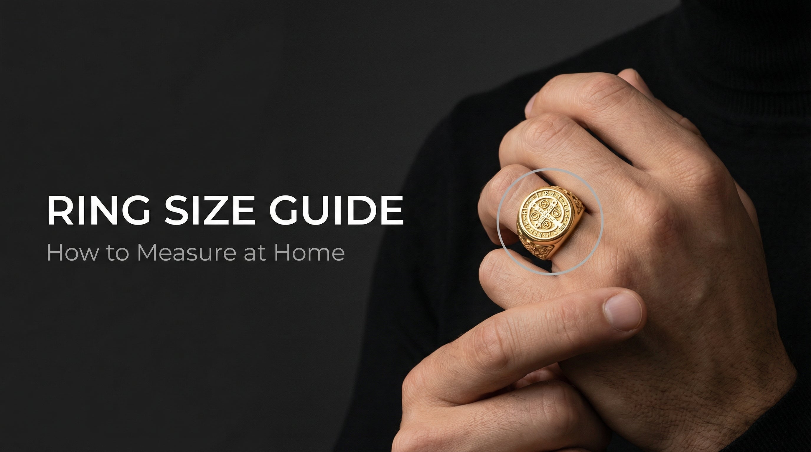 Hand wearing a gold ring with text about ring size guide on a dark background