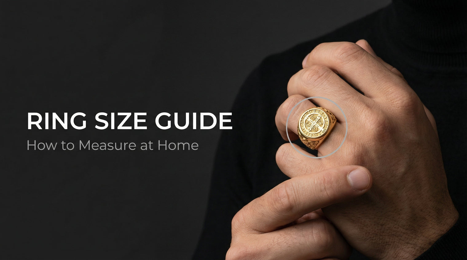 Hand wearing a gold ring with text about ring size guide on a dark background