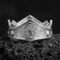 Load image into Gallery viewer, 
Polished silver Targaryen dragon ring on textured volcanic rock, centered macro jewelry photo with detailed fantasy crest relief and bright silver highlights.
