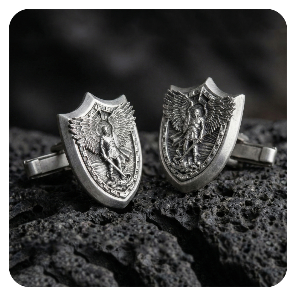 Silver angel cufflinks on a textured black surface