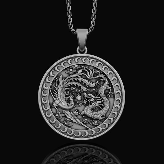 Silver Dragon And Phoenix Necklace Yin & Yang Chinese Mythologic Sacred Emblems Symbolic Gift Animals Women's Pendant Empress Men's Emperor