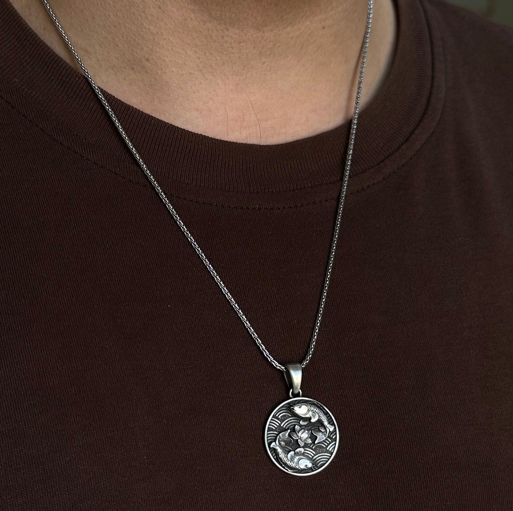 Sterling Silver Koi Fish, Yin and Yang, Lotus Necklace, Lucky Fish Necklace, Koi Jewelry, Pisces Necklace, Men's Necklace - Handmade