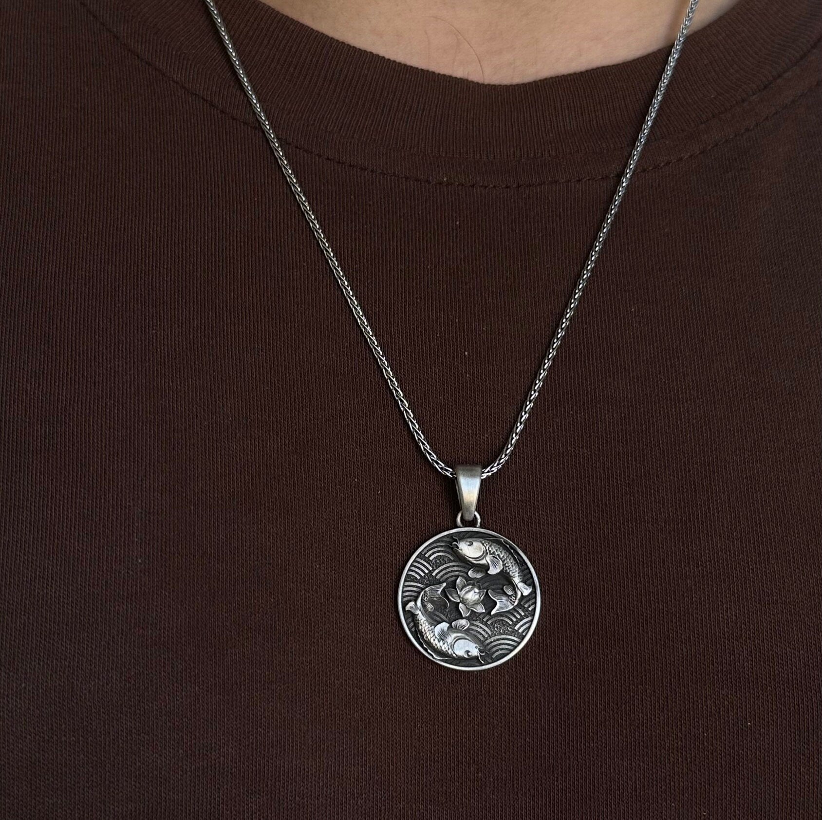 Sterling Silver Koi Fish, Yin and Yang, Lotus Necklace, Lucky Fish Necklace, Koi Jewelry, Pisces Necklace, Men's Necklace - Handmade
