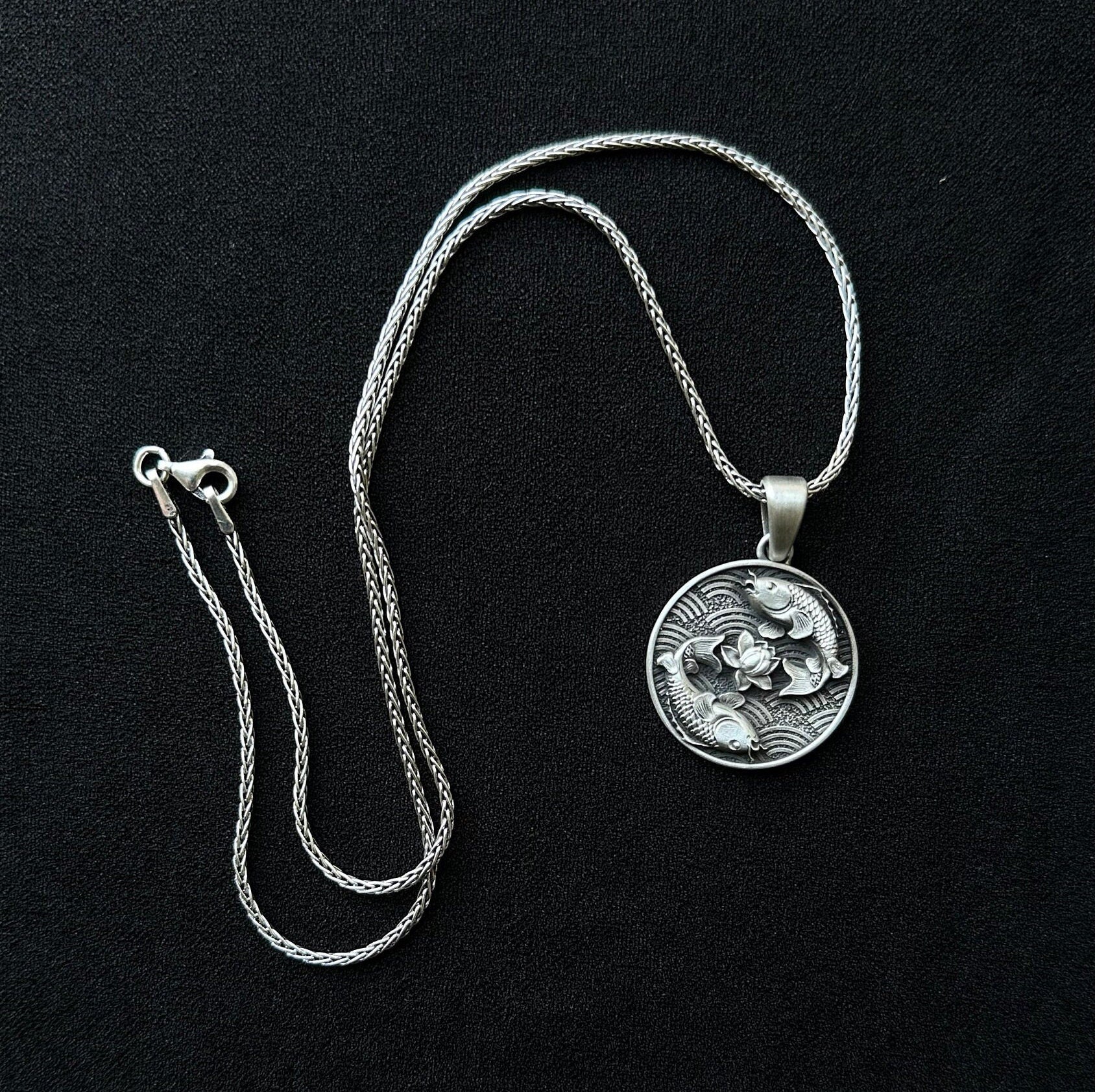 Sterling Silver Koi Fish, Yin and Yang, Lotus Necklace, Lucky Fish Necklace, Koi Jewelry, Pisces Necklace, Men's Necklace - Handmade