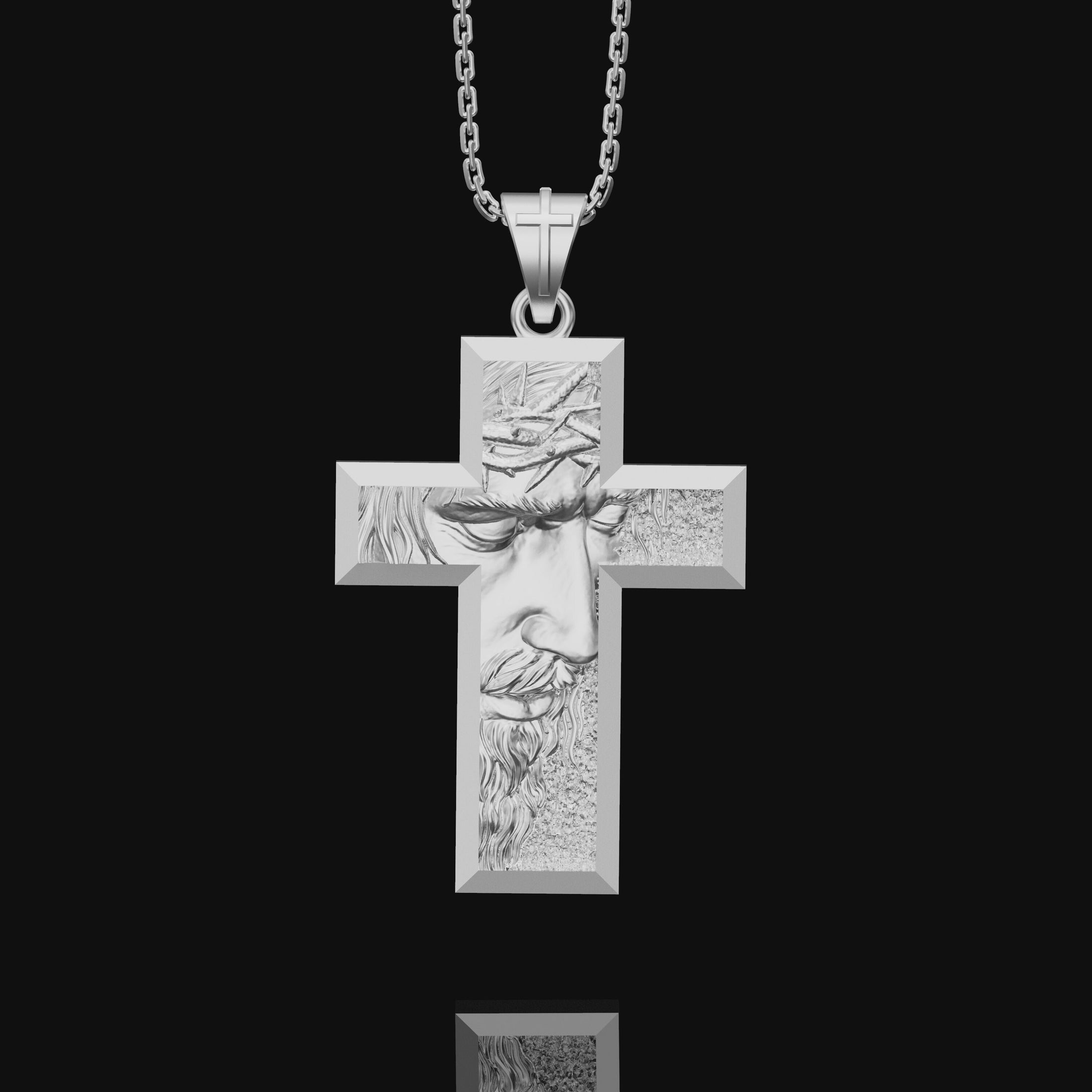 Silver Jesus with Crown of Thorns Cross, Oxidized Engraved Cross Pendant Silver, Faith Necklace For Christian, Religious, Christmas Gift