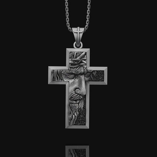 Silver Jesus with Crown of Thorns Cross, Oxidized Engraved Cross Pendant Silver, Faith Necklace For Christian, Religious, Christmas Gift