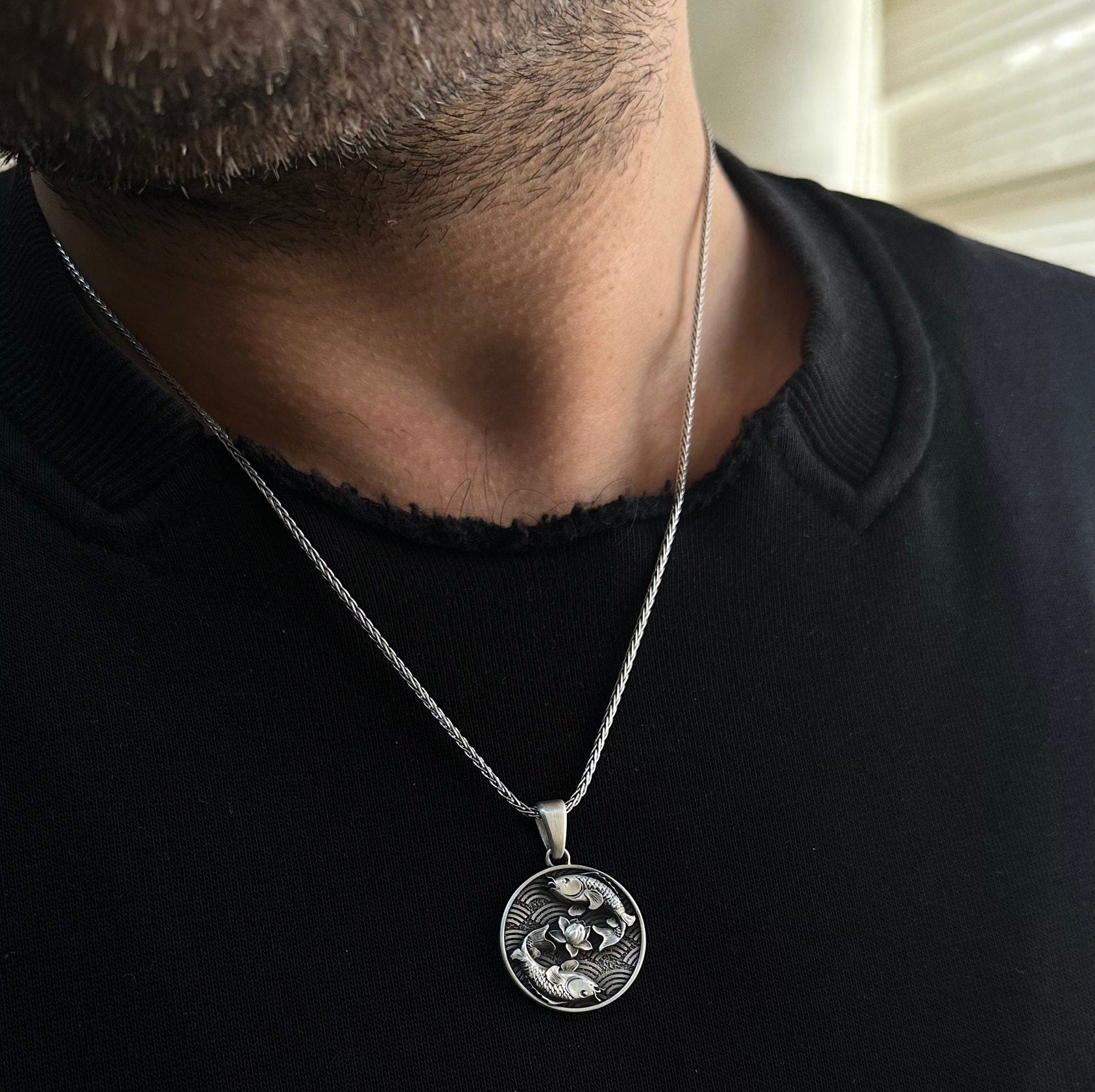 Sterling Silver Koi Fish, Yin and Yang, Lotus Necklace, Lucky Fish Necklace, Koi Jewelry, Pisces Necklace, Men's Necklace - Handmade