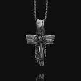 Silver Wooden Textured Jesus Cross, Ascension Pendant, Sacred Heart Necklace, Religious Cross Jewelry, Christian Valentine Gift, Unisex