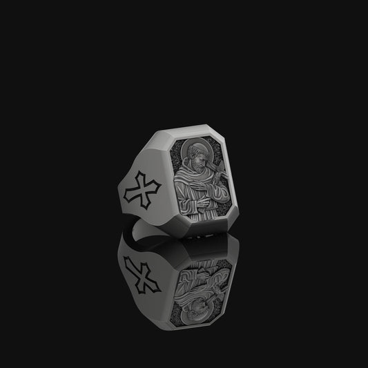 Saint Francis Signet Ring For Men, Sterling Silver Mens St Francis Ring For Dad, Religious Ring For Christian, Unique Engraved Faith Ring