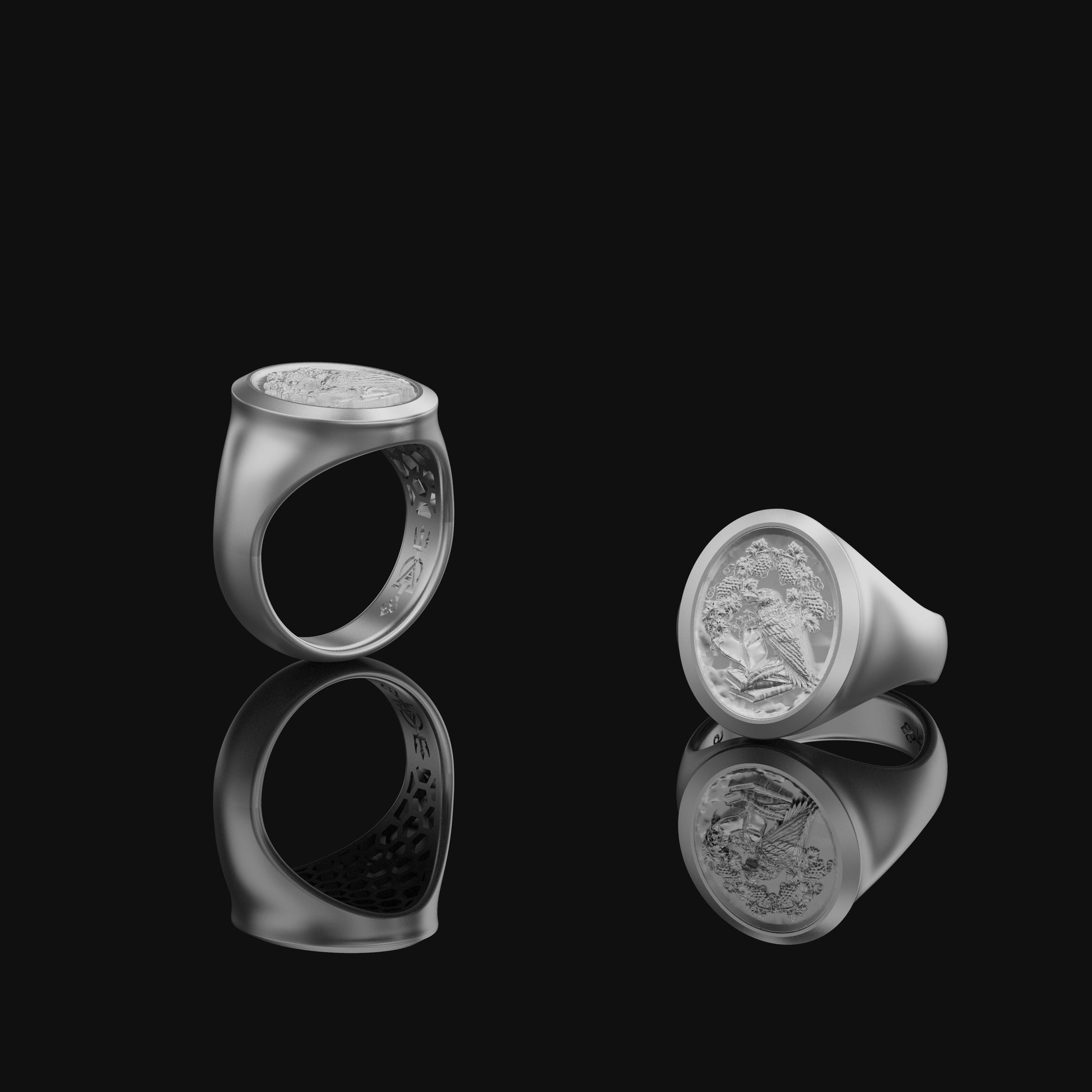 Huginn and Muninn Raven of Odin Signet Ring in Oxidized Silver, Norse Mythology Engraved Pinky Ring For Men, Viking Ring