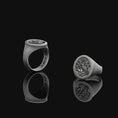 Load image into Gallery viewer, Huginn and Muninn Raven of Odin Signet Ring in Oxidized Silver, Norse Mythology Engraved Pinky Ring For Men, Viking Ring
