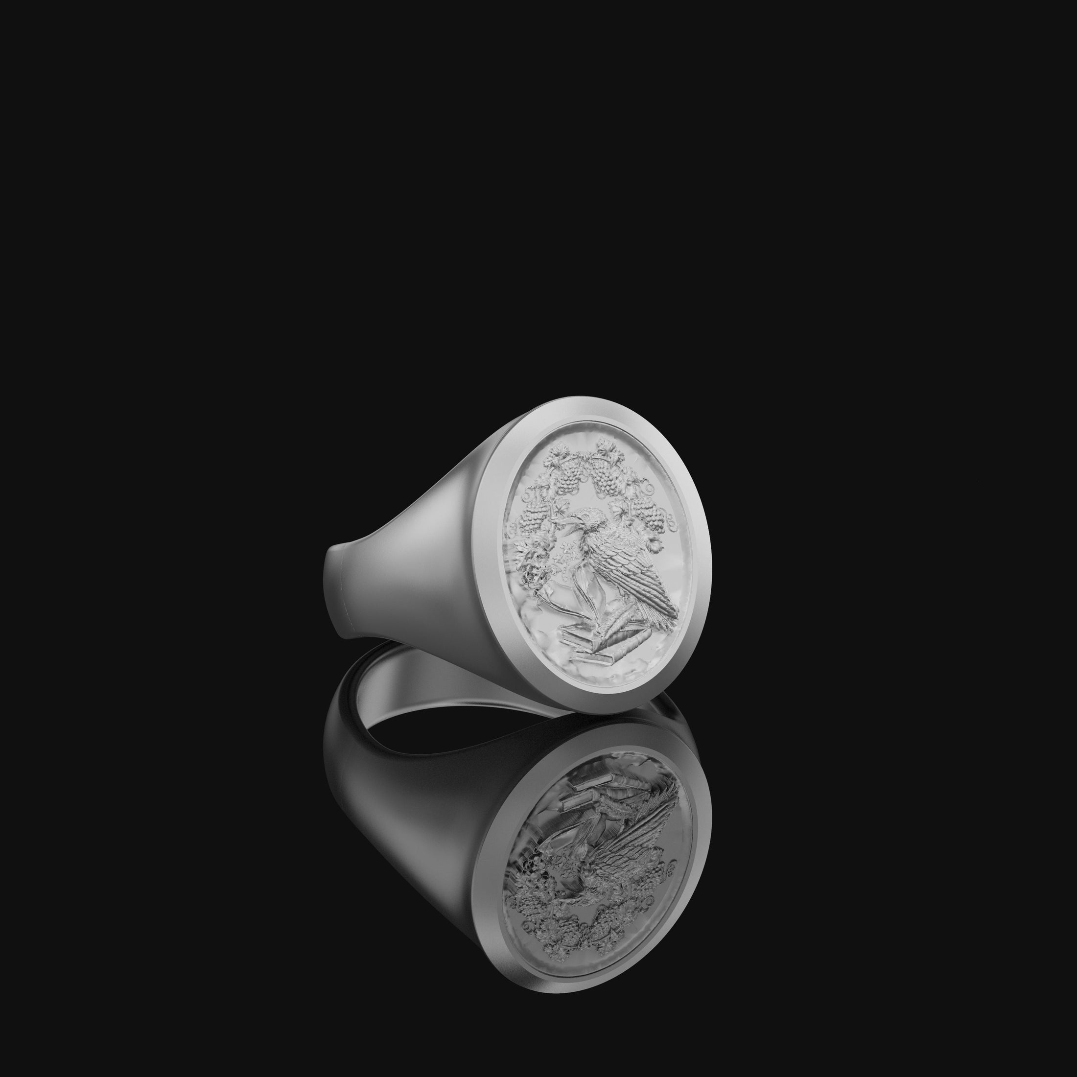 Huginn and Muninn Raven of Odin Signet Ring in Oxidized Silver, Norse Mythology Engraved Pinky Ring For Men, Viking Ring