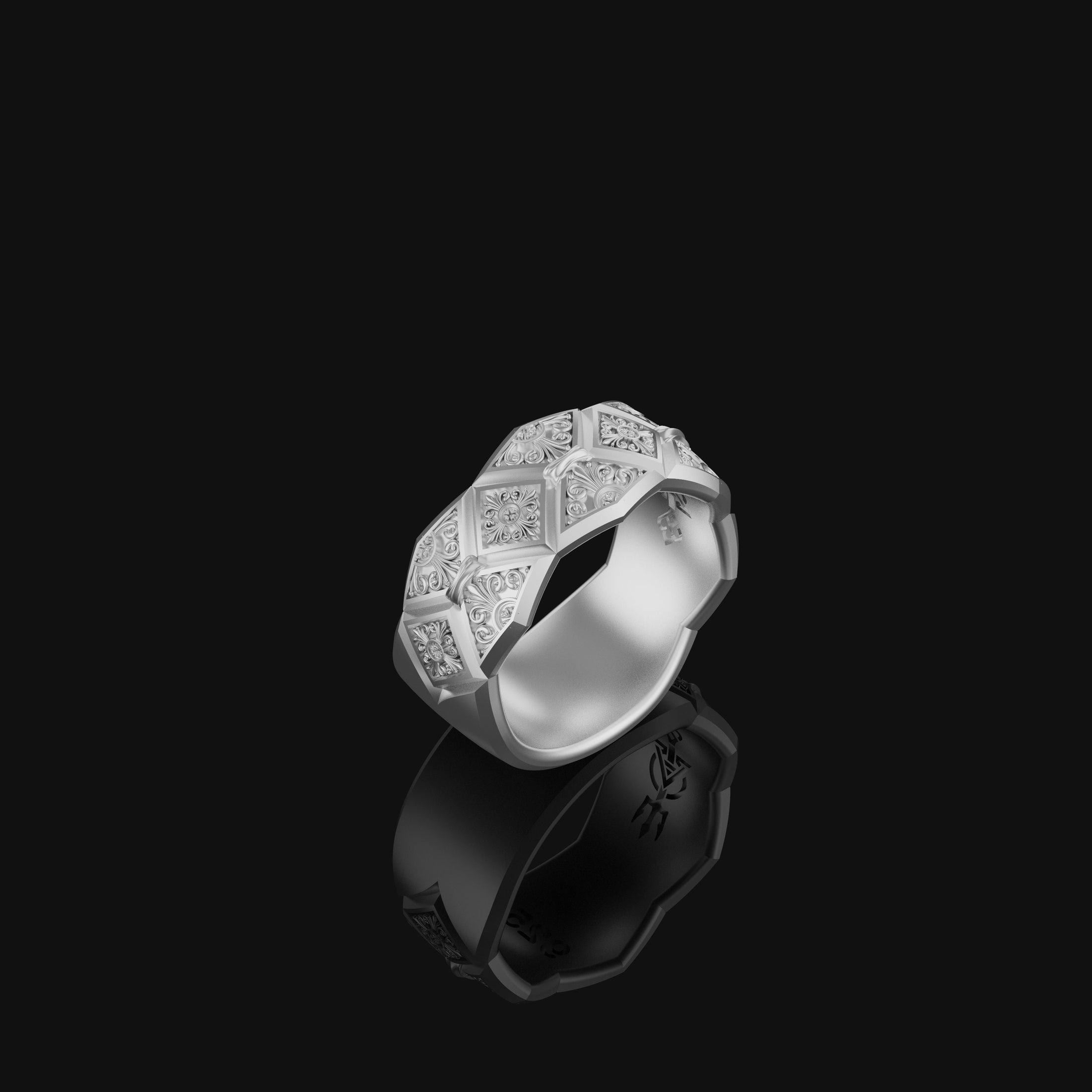 Silver Floral Geometric Wedding Band, Sterling Silver, Anniversary Ring, Birthday Gift, Engagement Ring, Men's Wedding Band