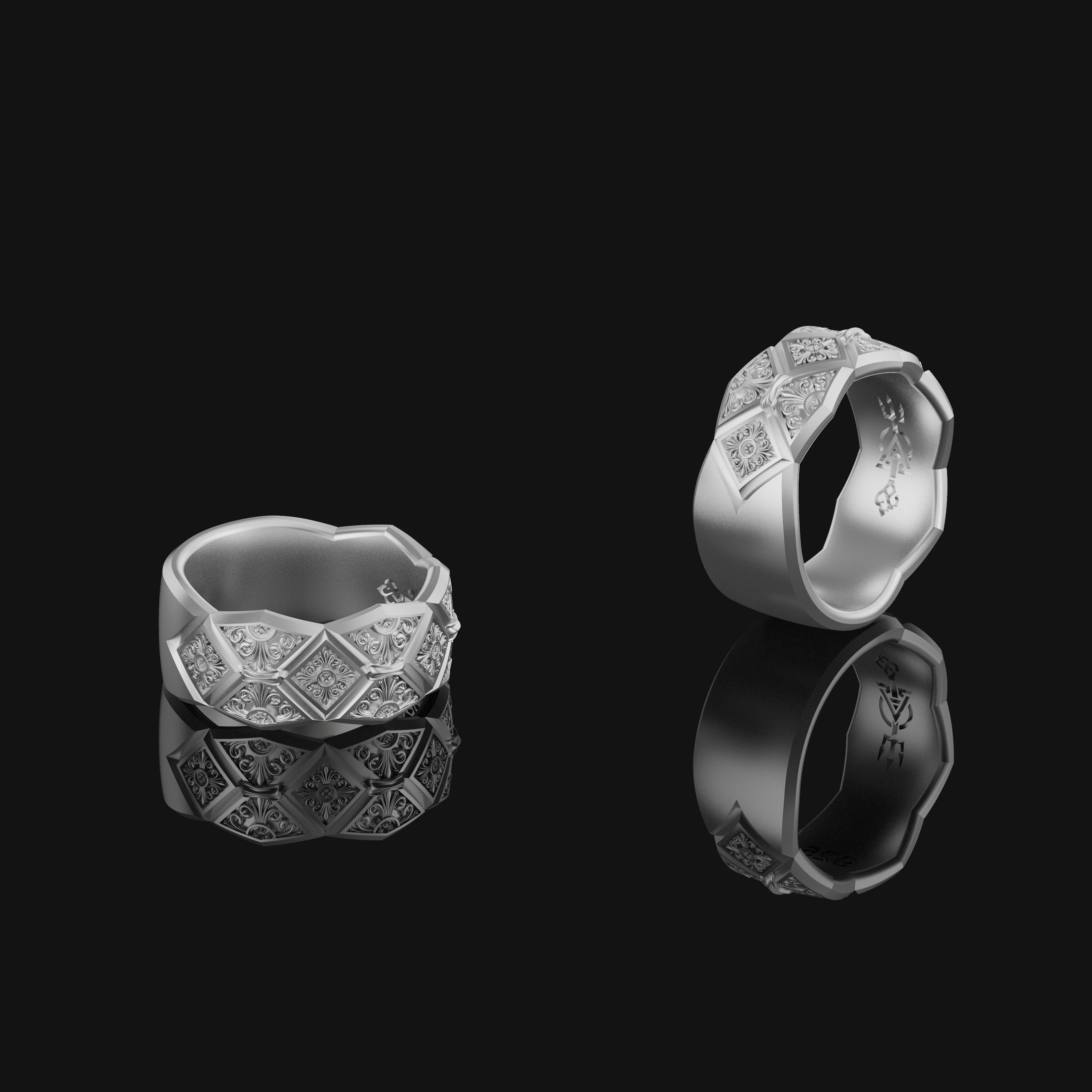 Silver Floral Geometric Wedding Band, Sterling Silver, Anniversary Ring, Birthday Gift, Engagement Ring, Men's Wedding Band