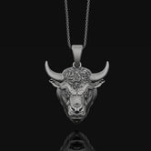 Sterling Silver Bull Head Necklace - 3D Animal Pendant with Oxidized Finish, Unique Detailed Statement Accessory for Wild Western Flair
