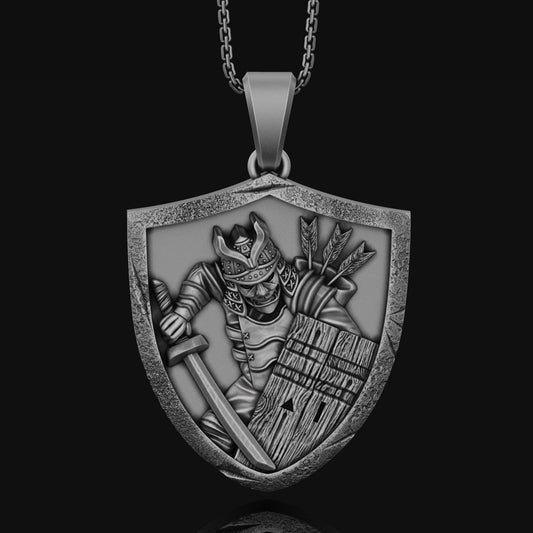 Samurai Necklace, Sterling Shield, Masked Warrior, Katana Pendant, Arrow Defense, Men's Charm, Unisex, Japanese History