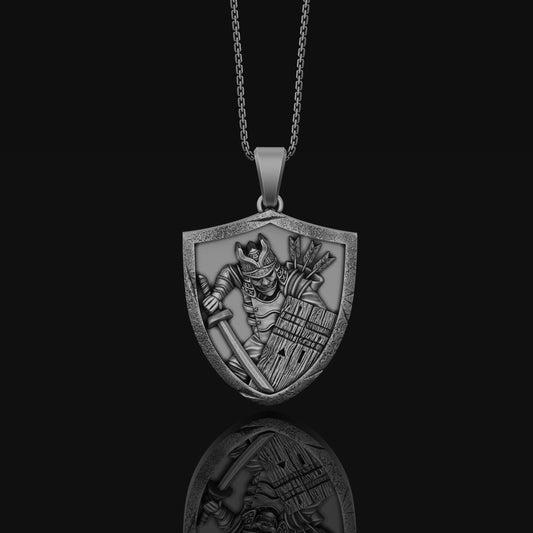 Samurai Necklace, Sterling Shield, Masked Warrior, Katana Pendant, Arrow Defense, Men's Charm, Unisex, Japanese History