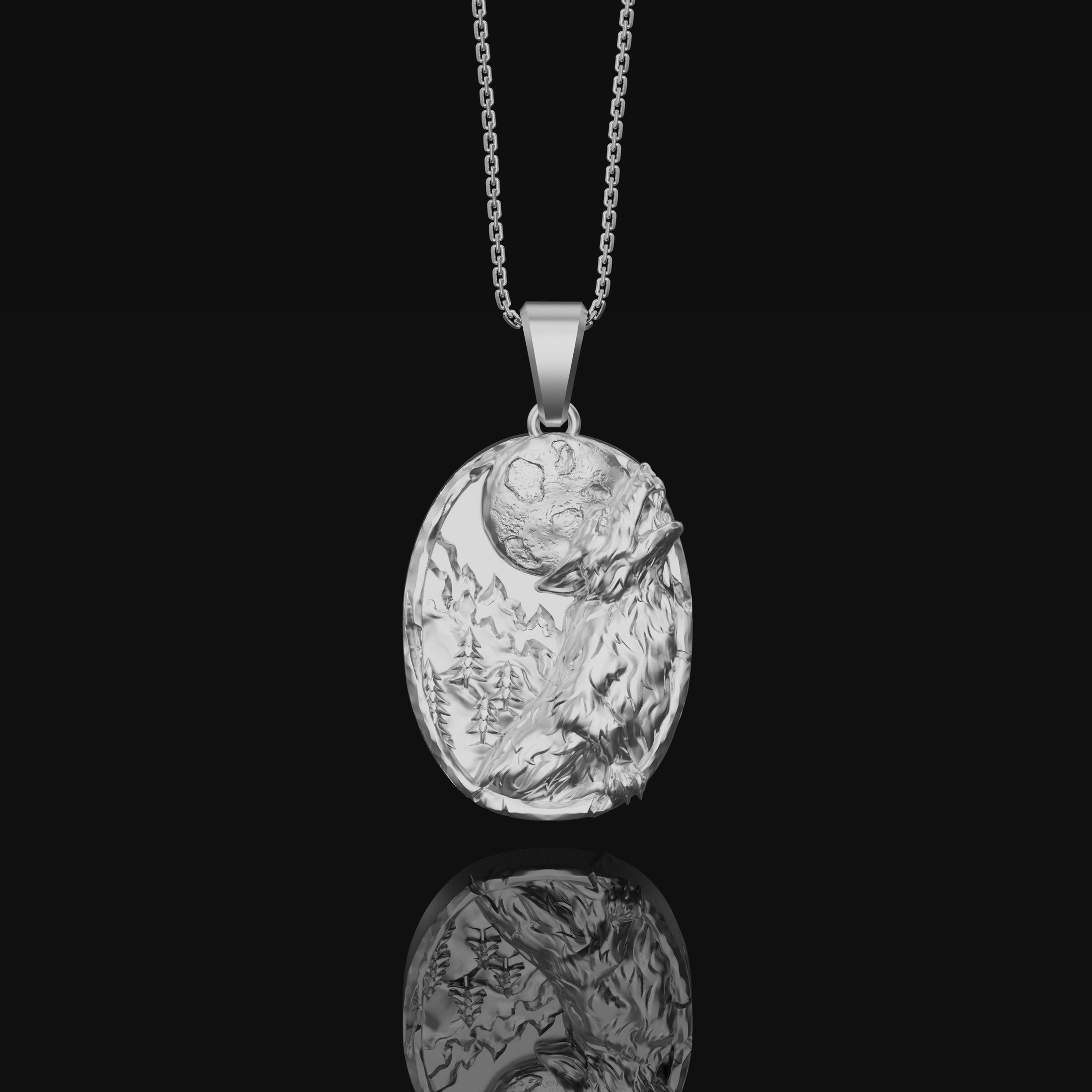 Howling Wolf Necklace, Sterling Full Moon, Wolf Moon Pendant, Mountain Scenery, Wild Nature, Moonlit, Unique Totem Gift