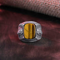 Load image into Gallery viewer, Jesus Thorns Ring, Christian Jewelry, Religious Gift, Cushion Gemstone, Lapis Lazuli Ring, Tiger's Eye, Faith Statement, Bible Theme Ring
