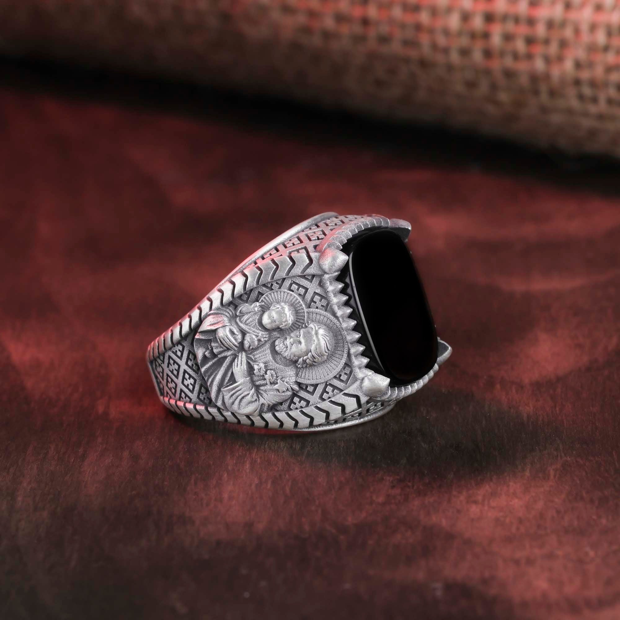 Saint Joseph Ring, Christian Ring, Gemstone Ring, Cushion Gemstone, Cross Pattern Ring, Religious Gift, Spiritual Jewelry, Men's Accessory
