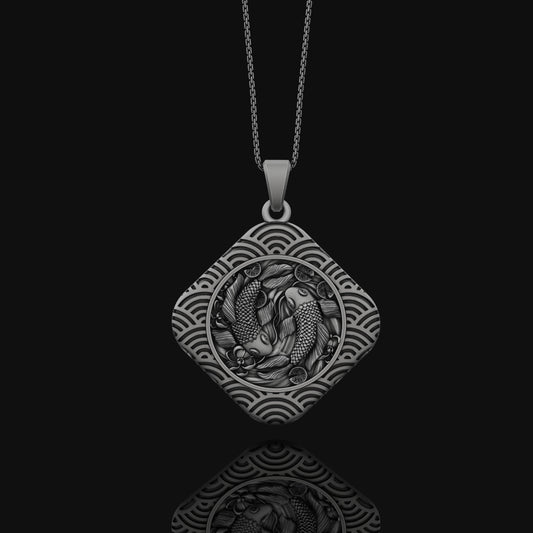 Koi Fish Necklace, Yin Yang Pendant, Japanese Style, Seigaiha Pattern, Spiritual Jewelry, Balance Symbol, Asian Inspired, Water Element
