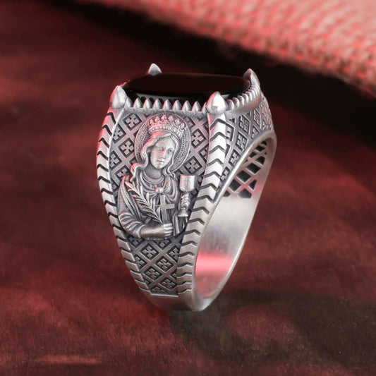 Holy Mother Mary Ring, Men's Gemstone Ring, Religious Gift, Onyx Ring, Red Agate Ring, Tiger's Eye Ring, Lapis Lazuli Ring