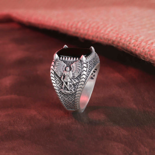 Archangel Michael Ring, God's Warrior, Christian Jewelry, St Michael, Men's Gemstone Ring, Religious Gift, Red Agate, Tiger's Eye Ring