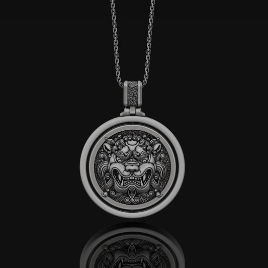 Foo Dog Necklace, Guardian Lion, Asian Myth, Chinese Mythology, Medallion Jewelry, Rotating Pendant, Personalized Gift