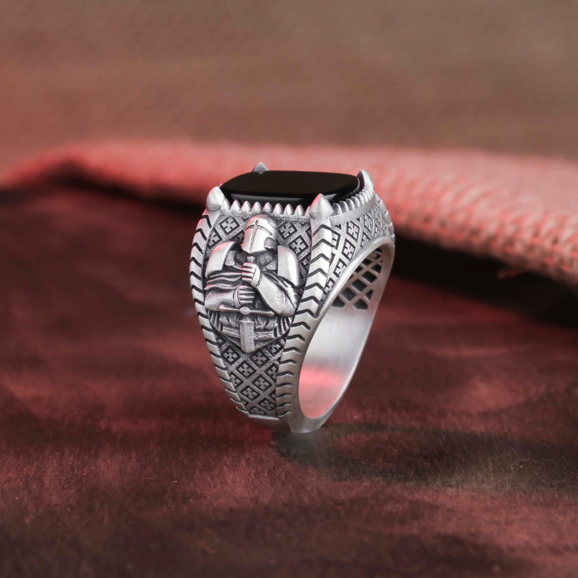 Templar Knight Ring, Gemstone Ring, Cushion Gemstone, Men's Religious, Christian Gift, Knight Jewelry, Crusader Ring, Faith Symbol