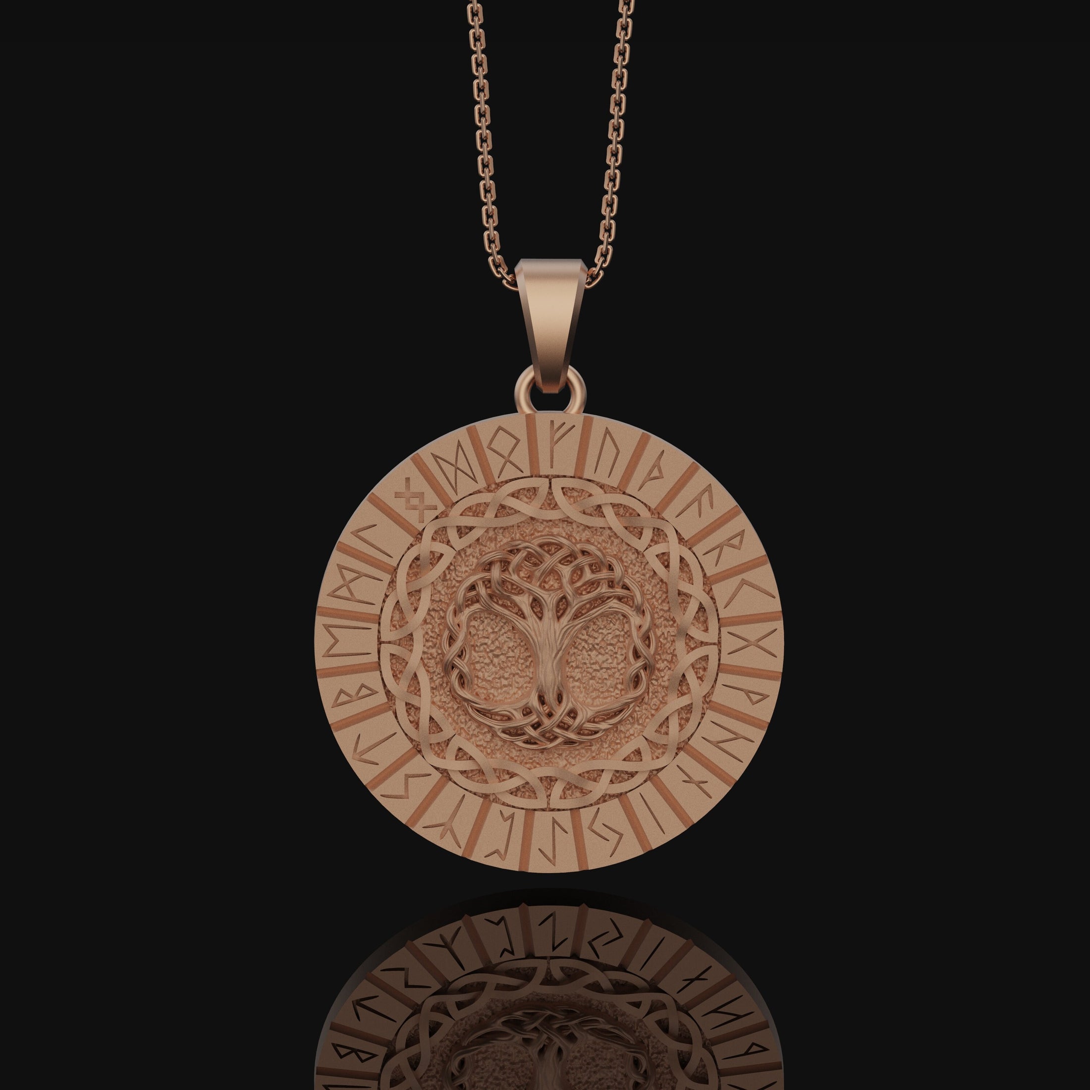 Tree Of Life Pendant, Yggdrasil Necklace, Christmas Gift, Norse, Protection Amulet, Pagan, Celtic Knot, Viking Jewelry, Runic Alphabet Rose Gold Matte