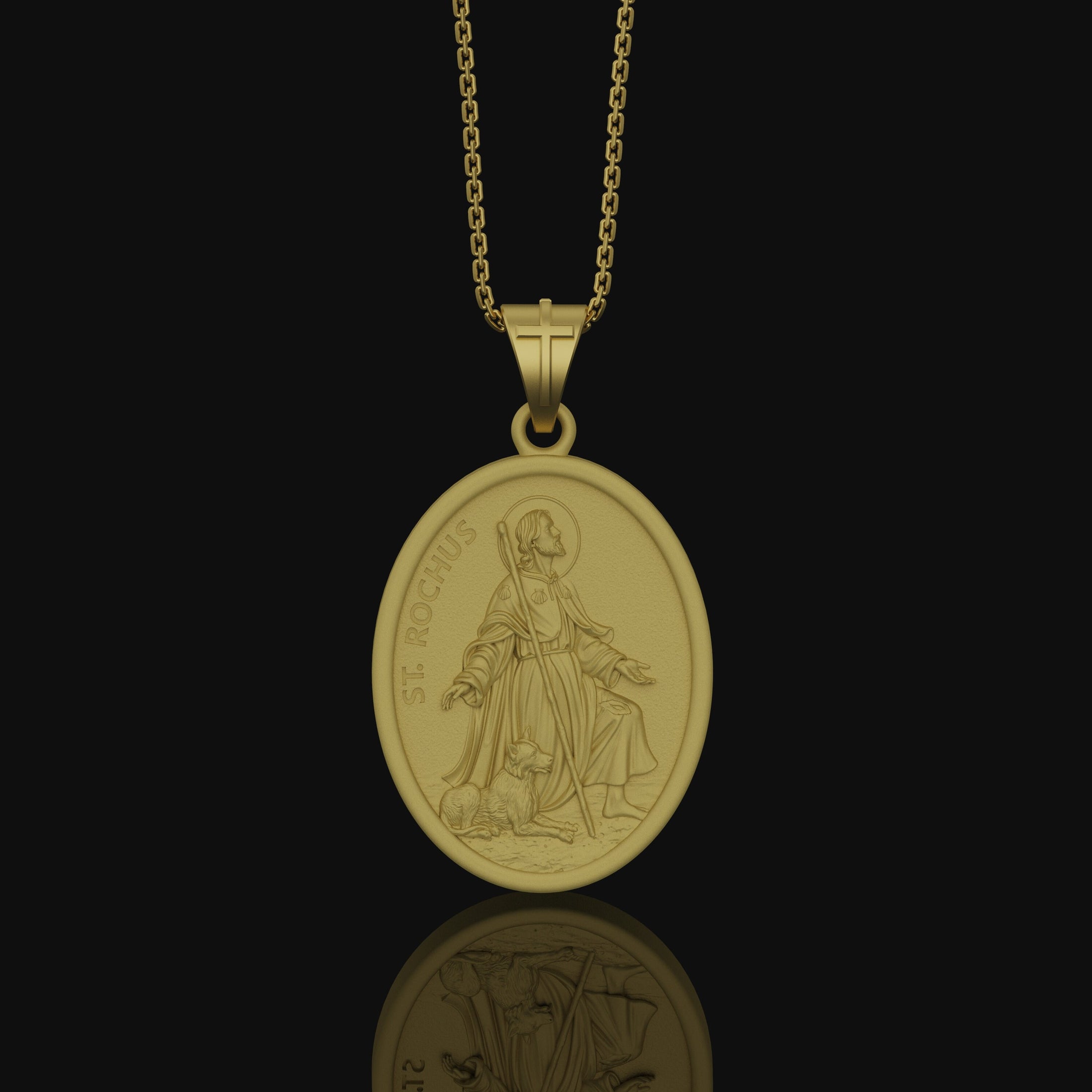 Saint Rochus Necklace, Dog Protection, Christmas Gift, Personalized Gift, Silver Medallion, Christian Jewelry, Vintage Religious Necklace Gold Matte