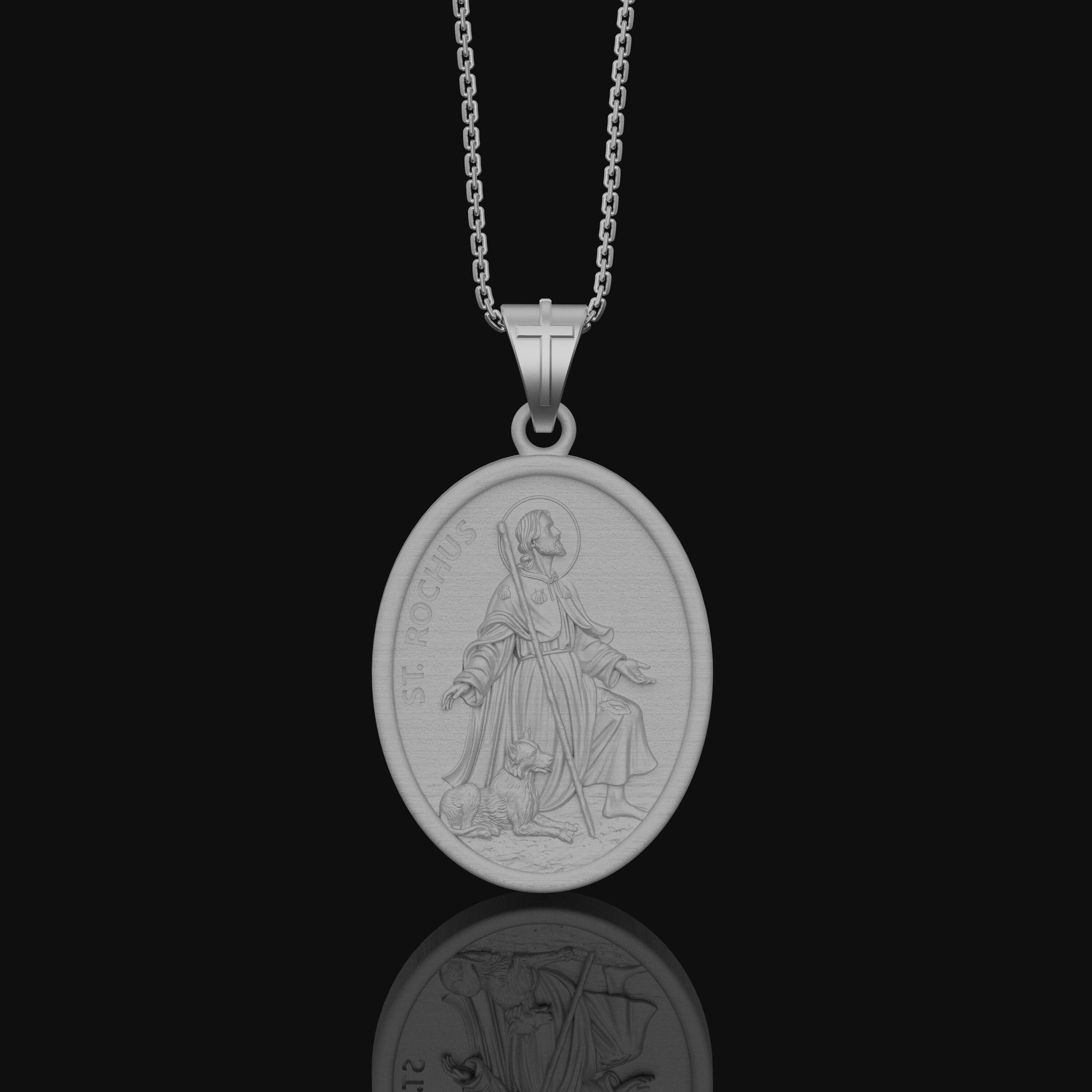Saint Rochus Necklace, Dog Protection, Christmas Gift, Personalized Gift, Silver Medallion, Christian Jewelry, Vintage Religious Necklace Polished Matte