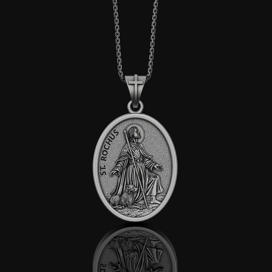 Saint Rochus Necklace, Dog Protection, Christmas Gift, Personalized Gift, Silver Medallion, Christian Jewelry, Vintage Religious Necklace Oxidized Finish
