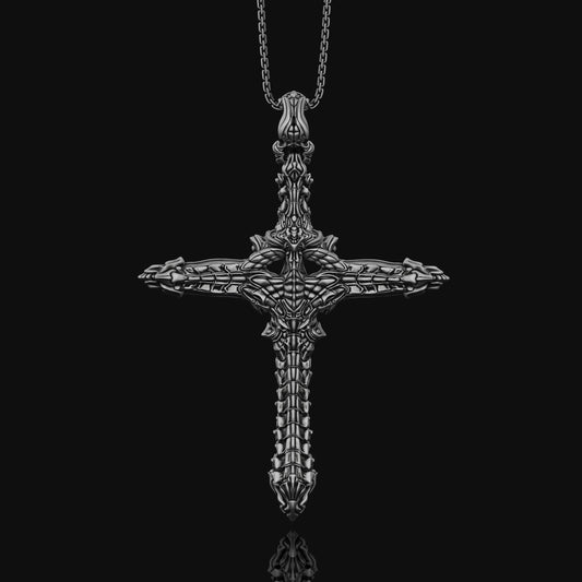 Gothic Cross Necklace, Christmas Gift, Biomechanical Cross, Men's Gothic Jewelry, Women's Cross, Gothic Christian Gift Oxidized Finish