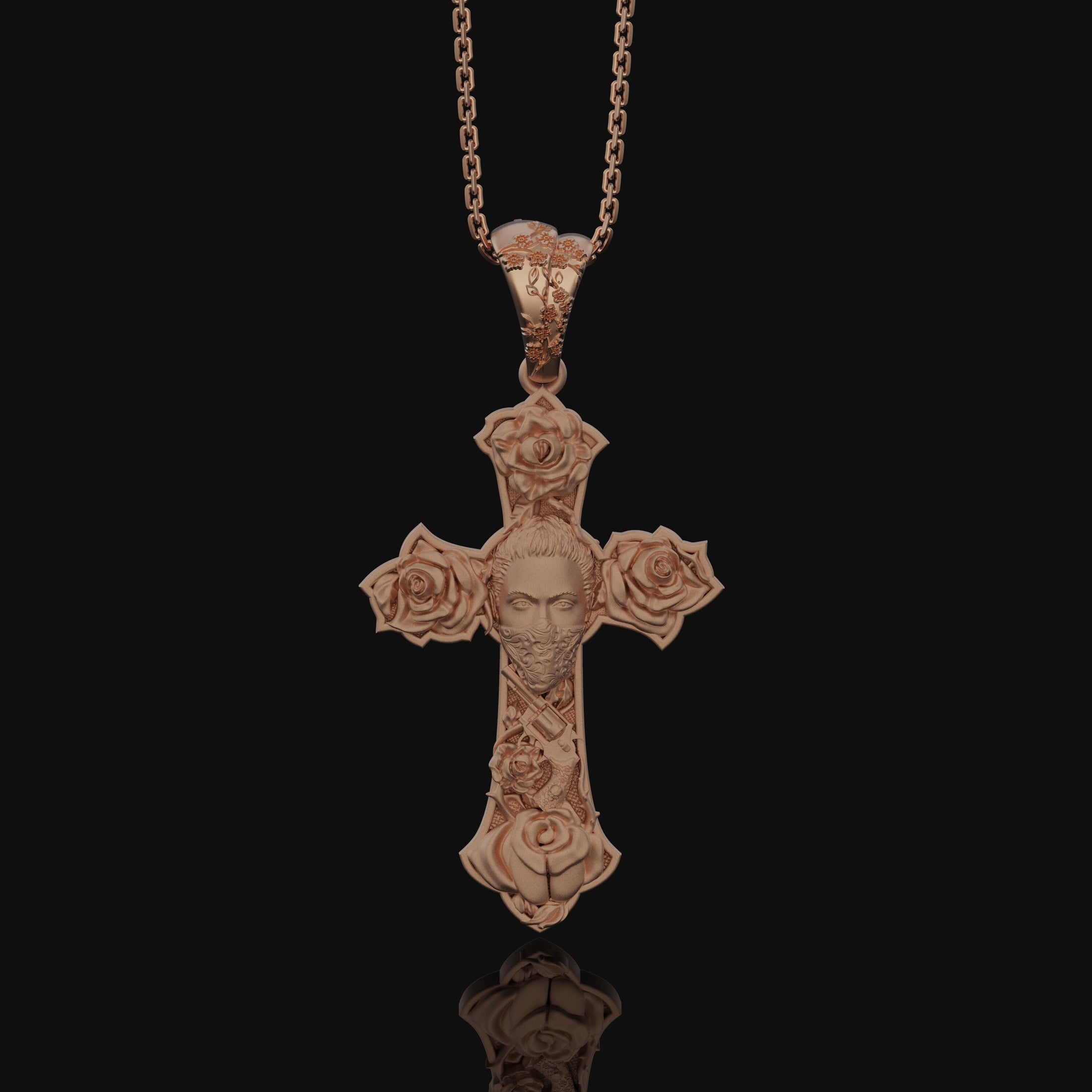 Chicano, Tattoo Style, Roses, Pattern, Skull, Cross, Pendant, Roses Pattern Pendant, Chicano Skull Cross, Tattoo Cross Pendant Rose Gold Matte