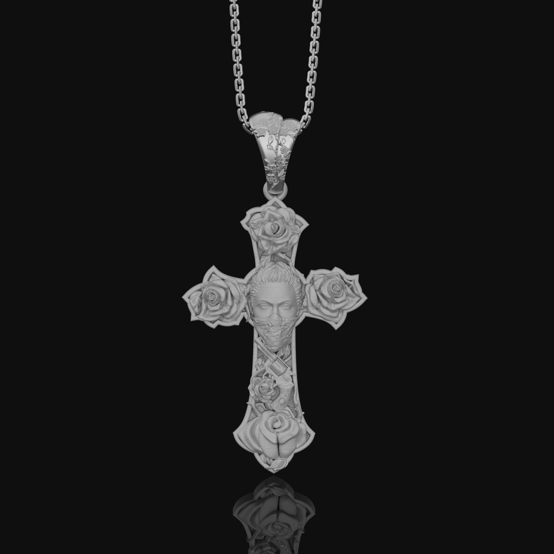 Chicano, Tattoo Style, Roses, Pattern, Skull, Cross, Pendant, Roses Pattern Pendant, Chicano Skull Cross, Tattoo Cross Pendant Polished Matte