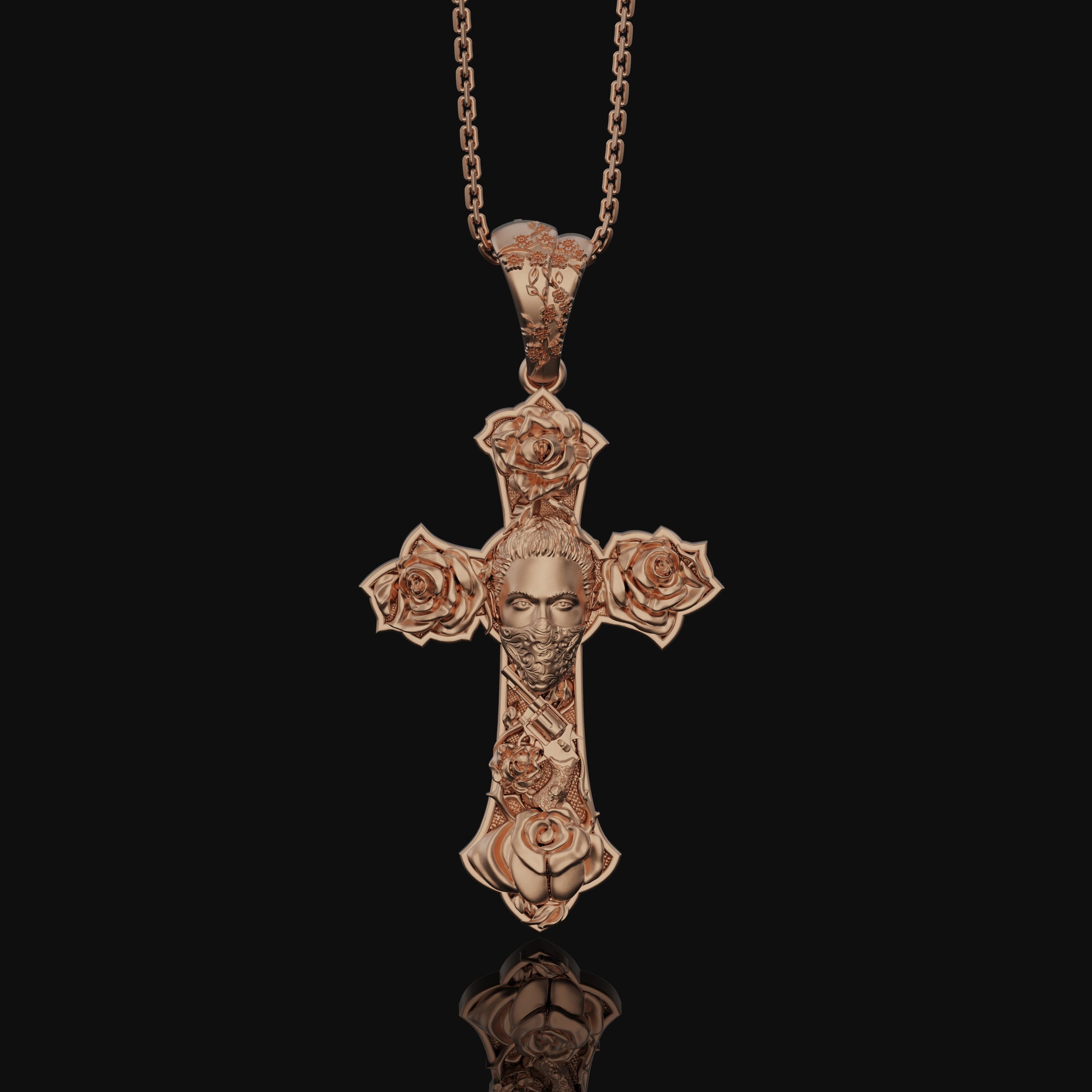 Chicano, Tattoo Style, Roses, Pattern, Skull, Cross, Pendant, Roses Pattern Pendant, Chicano Skull Cross, Tattoo Cross Pendant Rose Gold Finish