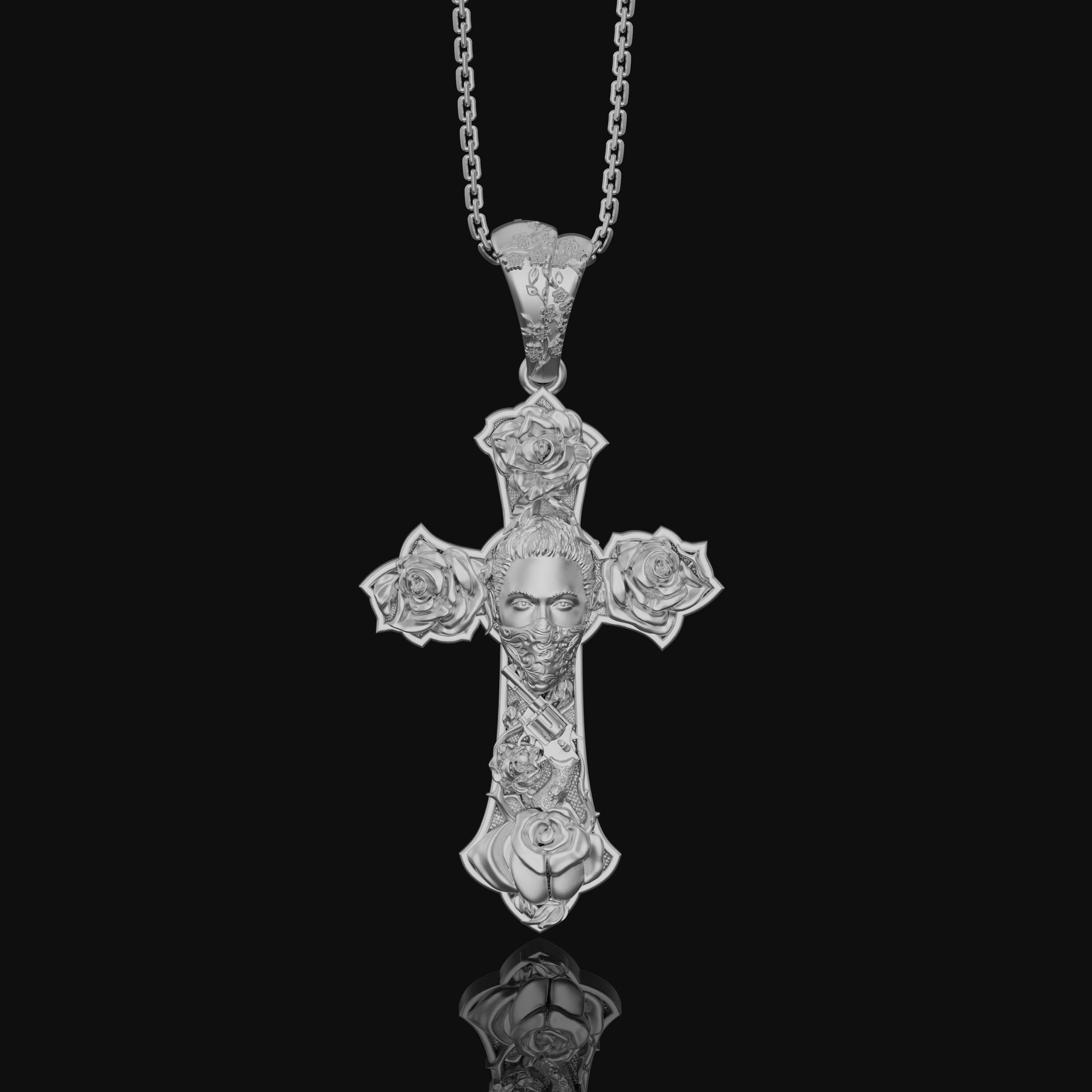 Chicano, Tattoo Style, Roses, Pattern, Skull, Cross, Pendant, Roses Pattern Pendant, Chicano Skull Cross, Tattoo Cross Pendant Polished Finish