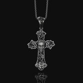 Chicano, Tattoo Style, Roses, Pattern, Skull, Cross, Pendant, Roses Pattern Pendant, Chicano Skull Cross, Tattoo Cross Pendant Oxidized Finish