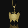 Bild in Galerie-Betrachter laden, Gods Warrior Medal, Saint Michael, Spiritual Protection from Satan Medallion, St Michael Pendant, Quis Ut Deus, St Michael Archangel Gold Finish
