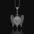 Load image into Gallery viewer, Gods Warrior Medal, Saint Michael, Spiritual Protection from Satan Medallion, St Michael Pendant, Quis Ut Deus, St Michael Archangel Oxidized Finish
