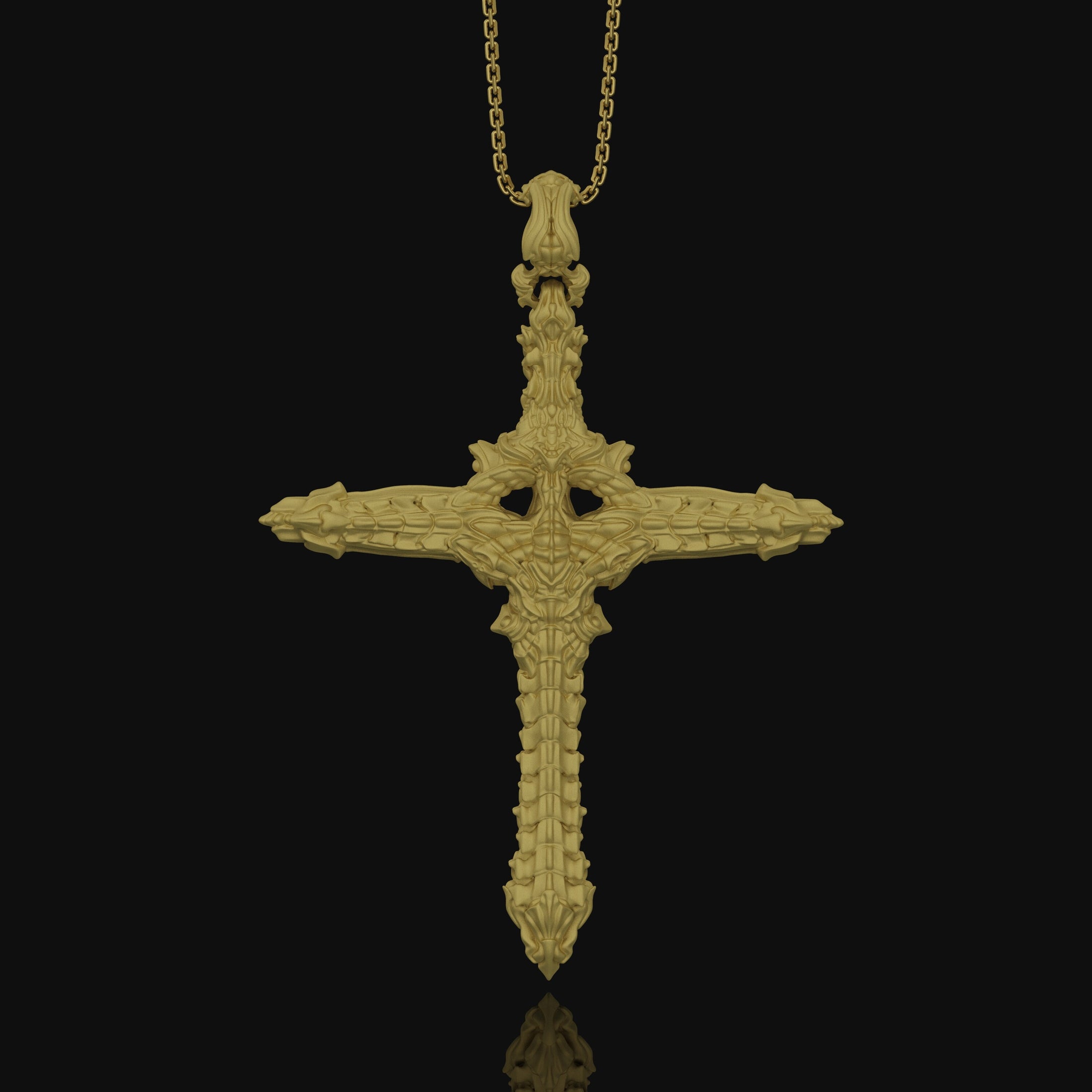 Gothic Cross Necklace, Christmas Gift, Biomechanical Cross, Men's Gothic Jewelry, Women's Cross, Gothic Christian Gift Gold Matte