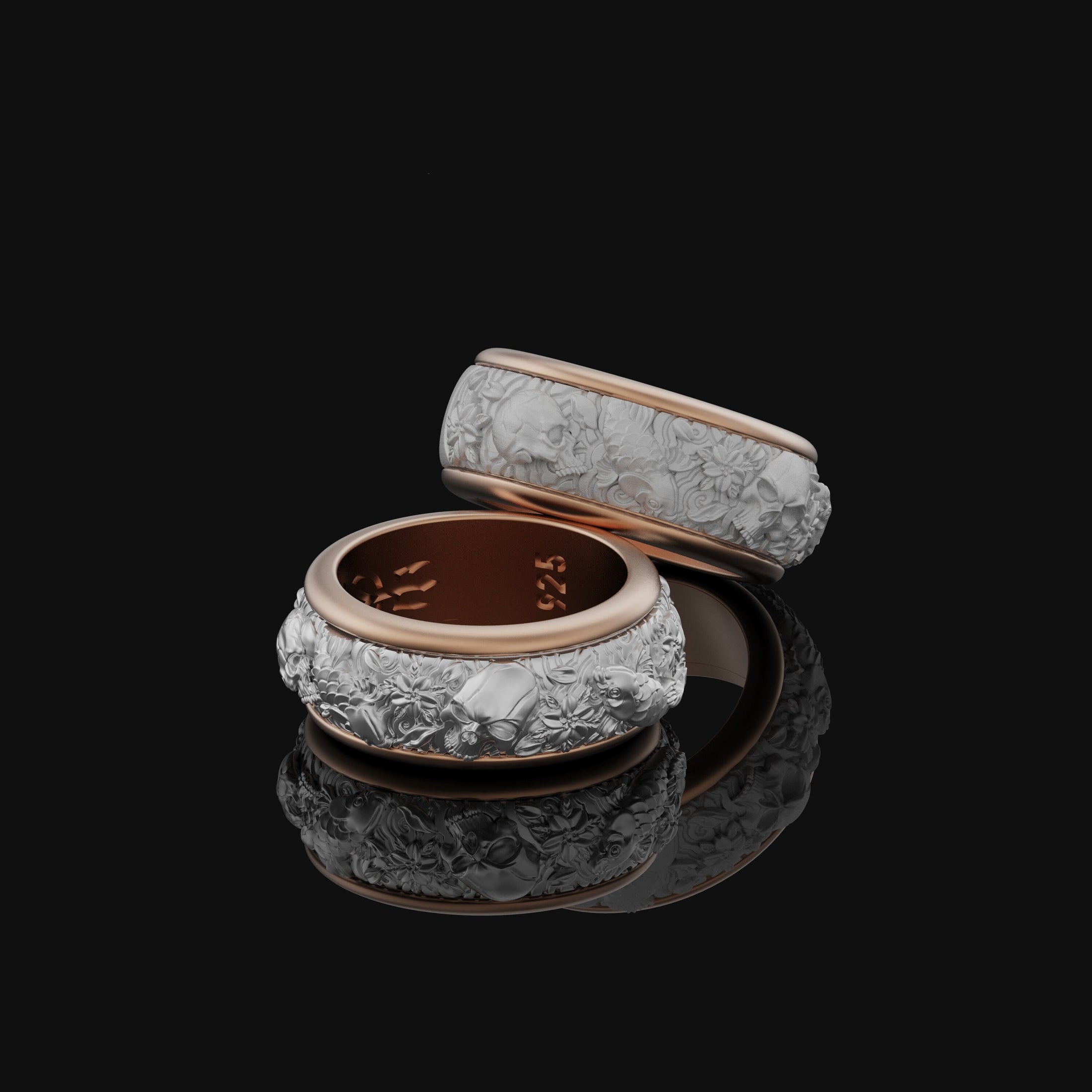 Tri-Color Sterling Silver Spinning Ring: Carps, Skull, Clouds & Waves, Engravable, Unique Fusion Bridal Jewelry